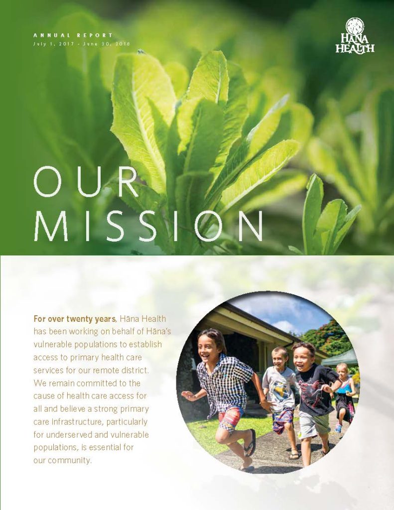 Hāna Health Annual Report 2017-2018 highlighting the organization's commitment to health care access.