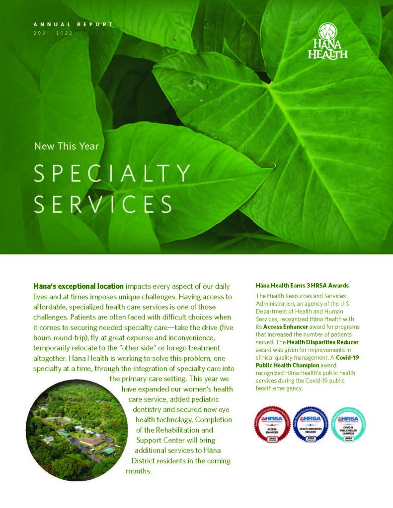 Hāna Health Annual Report 2021-2022 highlighting Specialty Services.